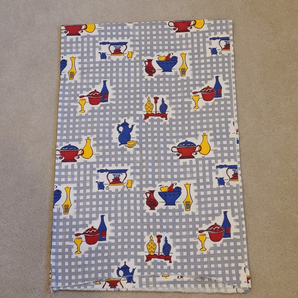 Vintage Kitschy Kitchen Food Cotton Fabric Gray  Red Blue Yellow  3‎ Yards